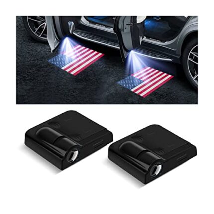 2Pcs Car Door Lights Logo Projector, Wireless LED Car Paste Courtesy Holeless Magnet Sensor Ghost Shadow Welcome Lamp, Naruto Sharingan Light Accessories (Red American Flag)