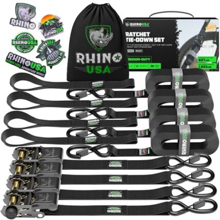 Rhino USA Ratchet Tie Down Straps (4PK) - 1,823lb Guaranteed Max Break Strength, includes (4) Premium 1" x 15' Rachet Tie Downs with Padded Handles. Best for Moving, Securing Cargo (Black 4-Pack)