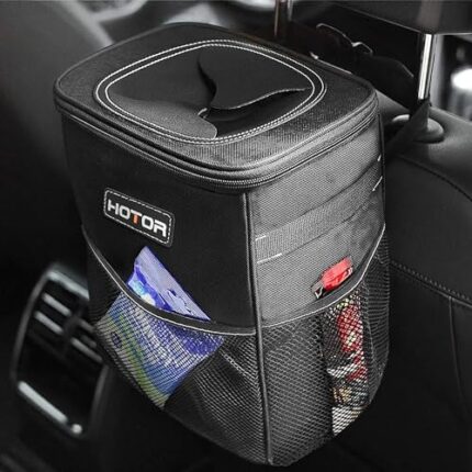 HOTOR Car Trash Can with Lid and Storage Pockets - 100% Leak-Proof Organizer, Waterproof Garbage Can, Multipurpose Trash Bin for Car, 2 Gallons, Black