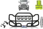 Black Front Grille Deer Moose Brush Bumper Guard Ex-Guard for Kenworth T660 - Kenworth Truck Accessories - PLUS 4x 6" LED Lights, Logo, Wipers, Bracket, License Plate Holder and Frame, Vest