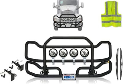 Black Front Grille Deer Moose Brush Bumper Guard Ex-Guard for Kenworth T660 - Kenworth Truck Accessories - PLUS 4x 6" LED Lights, Logo, Wipers, Bracket, License Plate Holder and Frame, Vest
