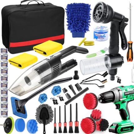 DGHEYQT 52PCS Car Wash Kit,Car Cleaning Kit with Foam Gun Sprayer High Power Handheld Vacuum Drill Brush, Car Wheel Brush for Car Cleaning Supplies Complete Interior Exterior Car Detailing kit Black