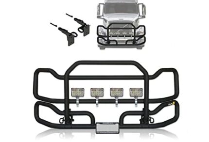 Black Front Grille Deer Moose Brush Bumper Guard Ex-Guard for Volvo VNL 2004-2017- Volvo Truck Accessories - PLUS 4x 6" LED Lights, Volvo Logo, Wipers, Bracket, License Plate Holder and Frame