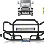 Black Front Grille Deer Moose Brush Bumper Guard Ex-Guard for Kenworth T660 - Kenworth Truck Accessories - Plus 22" LED Light Bar, Logo, Wipers, Bracket, License Plate Holder and Frame, Vest