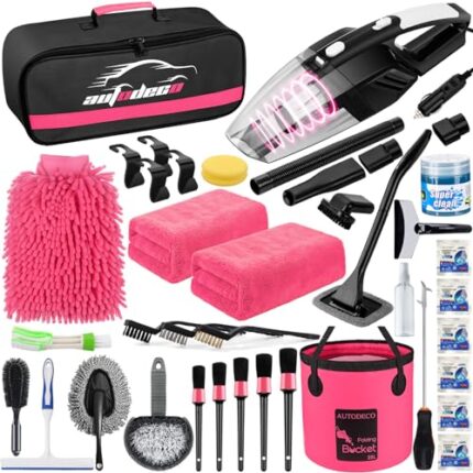 AUTODECO 41Pcs Car Cleaning Wash Kit Interior Detailing Cleaner Kit with High Power Handheld Vacuum, Collapsible Bucket, Windshield Tool, Gel, Snow Shovel, Tire Brush, Complete Car Care Tools, Pink