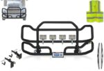 Black Front Grille Deer Moose Brush Bumper Guard Ex-Guard for Peterbilt 386 - Peterbilt Truck Accessories - PLUS Logo, 4x 6" LED Lights, Wipers, Bracket, License Plate Holder and Frame, Vest