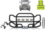 Black Front Grille Deer Moose Brush Bumper Guard Ex-Guard for Kenworth T660 - Kenworth Truck Accessories - PLUS 4x 6" LED Lights, Logo, Wipers, Bracket, License Plate Holder and Frame, Vest