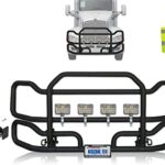 Black Front Grille Deer Moose Brush Bumper Guard Ex-Guard for Kenworth T660 - Kenworth Truck Accessories - PLUS 4x 6" LED Lights, Logo, Wipers, Bracket, License Plate Holder and Frame, Vest