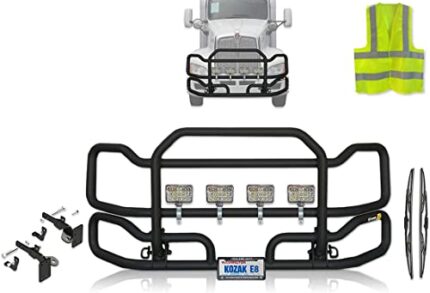 Black Front Grille Deer Moose Brush Bumper Guard Ex-Guard for Kenworth T660 - Kenworth Truck Accessories - PLUS 4x 6" LED Lights, Logo, Wipers, Bracket, License Plate Holder and Frame, Vest