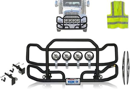 Black Front Grille Deer Moose Brush Bumper Guard Ex-Guard for Peterbilt 386 - Peterbilt Truck Accessories - PLUS Logo, 4x 6" LED Lights, Wipers, Bracket, License Plate Holder and Frame, Vest