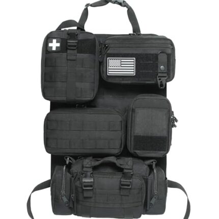 6 Pack Tactical Molle Car Seat Back Organizer - Tactical Vehicle Panel Organizer with 5 Detachable Molle Pouch for Car Truck Ford Jeep Vehicle,US Flag Patch and Keychain for Man