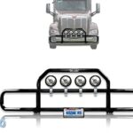 Peterbilt 579 2013-2020 Black Front Grille Deer Moose Brush Bumper Guard with 4x 6" LED Lights PLUS Logo, Wipers, License Plate Holder and Frame, and 1X Vest - Peterbilt Truck Accessories