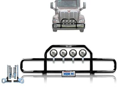 Peterbilt 579 2013-2020 Black Front Grille Deer Moose Brush Bumper Guard with 4x 6" LED Lights PLUS Logo, Wipers, License Plate Holder and Frame, and 1X Vest - Peterbilt Truck Accessories