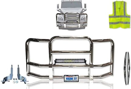 Full Front Bumper Grille Deer Brush Moose Guard for Freightliner Cascadia 2018+ - Chrome Square - 22" LED Bar, License Plate Holder, Brackets,Included -Freightliner Truck Accessories