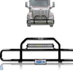 Peterbilt 579 2013-2020 Black Front Grille Deer Moose Brush Bumper Guard with 22" LED Bar PLUS Logo, 2X Wipers, License Plate Holder and Frame and Vest - Peterbilt Truck Accessories