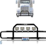 Peterbilt 386 Black Front Grille Deer Moose Brush Bumper Guard with 4X 6 LED Lights Plus Logo, 2X 22'' Wipers, License Plate Holder and Frame and 1x Vest - Peterbilt Truck Accessories