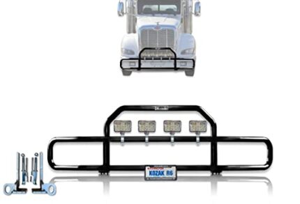 Peterbilt 386 Black Front Grille Deer Moose Brush Bumper Guard with 4X 6 LED Lights Plus Logo, 2X 22'' Wipers, License Plate Holder and Frame and 1x Vest - Peterbilt Truck Accessories