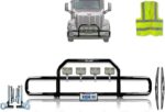 Peterbilt 579 2013-2020 Black Front Grille Deer Moose Brush Bumper Guard with 4x 6" LED Lights PLUS Logo, 2X Wipers, License Plate Holder & Frame, and 1X Vest - Peterbilt Truck Accessories