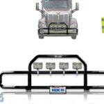Peterbilt 579 2013-2020 Black Front Grille Deer Moose Brush Bumper Guard with 4x 6" LED Lights PLUS Logo, 2X Wipers, License Plate Holder & Frame, and 1X Vest - Peterbilt Truck Accessories