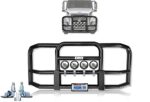 Volvo VNL 2004-2017 Full Front Black Bumper Grille Deer Brush Moose Guard - Square - 4x6" Headlights, License Plate Holder and Frame, Volvo Logo and Stripe, KOZAK Vest- Volvo Truck Accessories