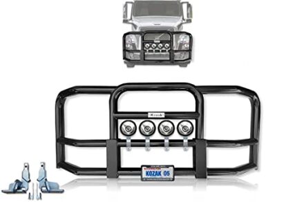 Volvo VNL 2004-2017 Full Front Black Bumper Grille Deer Brush Moose Guard - Square - 4x6" Headlights, License Plate Holder and Frame, Volvo Logo and Stripe, KOZAK Vest- Volvo Truck Accessories