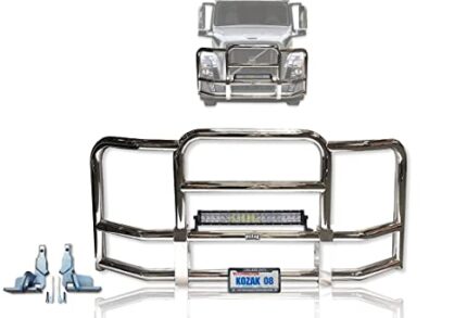 Full Front Bumper Grille Deer Brush Moose Guard for Volvo VNL 2004-2017 - Chrome Square - 22 inch LED Bar, License Plate Holder, Bracket, Volvo Logo with Stripe Included - Volvo Truck Accessories