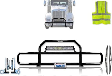 Peterbilt 386 Black Front Grille Deer Moose Brush Bumper Guard with 22" LED Bar Plus Logo, 2X 22'' Wipers, License Plate Holder and Frame, and 1x Vest - Peterbilt Truck Accessories