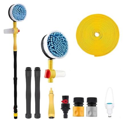 360° Rotating Car Wash Brush w/10m Water Pipe, 39in Detachable Car Mop Automatically Foams High Pressure Flushing Car Wash Kit Chenille Microfiber Bristle Car Cleaning Brush for RV Garden (C)