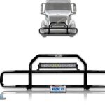 Black Front Grille Deer Moose Brush Bumper Guard with 22” LED Light Bar for Volvo VNL 2004-2017 – Volvo Truck Accessories PLUS Logo, Wipers, License Plate Holder & Frame, Vest