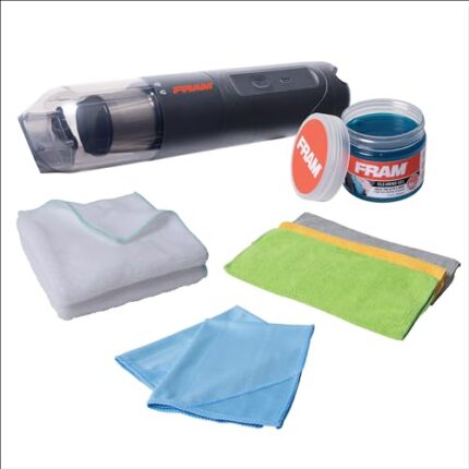 Fram FEK40006 9pcs Car Cleaning Kit, includes 1pc Handheld Vacuum, 1pc Car Cleaning Gel, 7pc The Detailer's Choice Microfiber Towels for Interior and Exterior Detail Cleaning