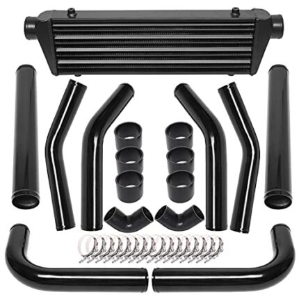 28" x 7" x 2.5" Universal Turbo Intercooler Kit with Intercooler + 8pcs Bent Pipes + 6pcs Straight Couplers + 2pcs 90 Degrees Elbow Couplers + 16pcs Clamps Black (8Pcs Black)