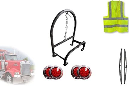 Compatible with Kenworth Semi Truck Accessories Behind Cab Steel Single Spare Tire Holder for Size 295/75R22.5, 11R22.5, 255/70R22.5, 285/72R22.5 Plus Logo, 4X Trailer Tail Lights, Wipers+Vest