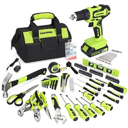 FASTPRO 232-Piece 20V Cordless Lithium-ion Drill Driver and Home Tool Set, Household Repairing Tool Kit with Drill, 12-Inch Wide Mouth Open Storage Tool Bag, Green