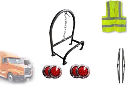 KOZAK Freightliner Semi Truck Accessories Behind Cab Steel Single Spare Tire Holder for Size 295/75R22.5, 11R22.5, 255/70R22.5, 285/72R22.5 Plus Logo, 4X Trailer Tail Lights, Wipers, Vest