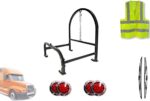 KOZAK Freightliner Semi Truck Accessories Steel Double Tire and Super Single Spare Tire Holder Behind Cab for Tire Sizes 295/75R22.5, 255/70R22.5, 11R22.5 Plus Logo, 4X Trailer Tail Lights, Wipers