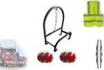 KOZAK International Semi Truck Accessories Behind Cab Steel Single Spare Tire Holder for Size 295/75R22.5, 11R22.5, 255/70R22.5, 285/72R22.5 Plus Internatioonal Logo, 4X Trailer Tail Lights and Vest