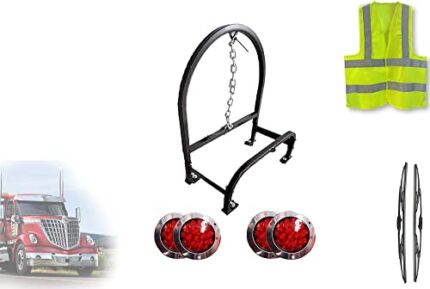 KOZAK International Semi Truck Accessories Behind Cab Steel Single Spare Tire Holder for Size 295/75R22.5, 11R22.5, 255/70R22.5, 285/72R22.5 Plus Internatioonal Logo, 4X Trailer Tail Lights and Vest
