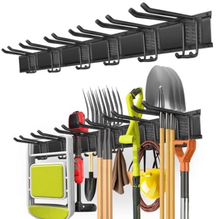 PIYILO Garage Organization, Garage Tool Organizer Wall Mount with 48 inches Rails and 6 Double-layer Hooks, Garden Tool Rack Heavy Duty, Garage Hanging Storage Rack For Yard Tools, Shovel, Shed