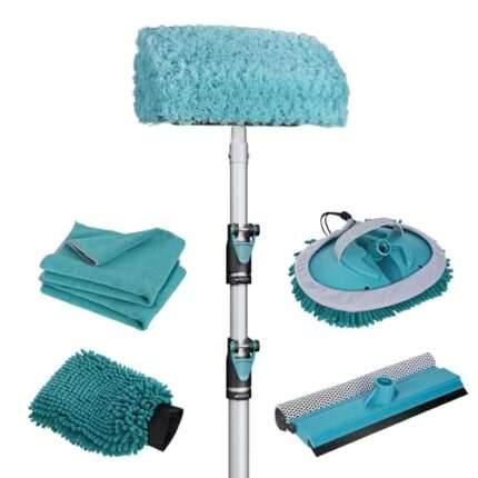 TelesPro 12FT Car Wash Brush with Long Handle, Car Cleaning Kit with Soft Wash Brush, Tire Brush, Window Squeegee, Microfiber Cleaning Head, Mitt, for House Siding, Auto Cars, Trucks, SUV, RV, Floors