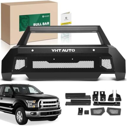 YHTAUTO Bull Bar Push Bar with Skid Plate Light Mount Fit Ford F-150 2021-2023, Carbon Steel Brush Guard for Truck Front Bumper Textured Black Off Road Accessories