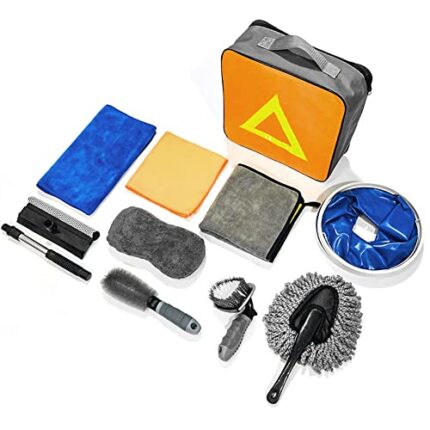 Yajomi 10pcs Car Wash Cleaning Tools Kit Car Detailing Set - Car Wash Kit Interior and Exterior with Car Detail Brushes, Tire Brush, Towels，Folding Bucket