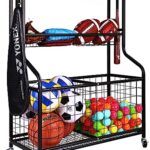 Fitvids Garage Sports Equipment Organizer, Garage Ball Storage, Sports Gear Storage, Garage Organizer with Baskets and Hooks, Rolling Sports Ball Storage Cart, Black, Steel