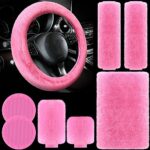 Riakrum 20-Pc Pink Car Seat Cover Set with Fluffy Steering Wheel Cover - Image 3