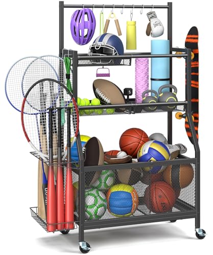 Mr IRONSTONE Garage Sports Equipment Organizer with Wheels, Upgraded Thicker & Higher Garage Ball Storage Rack with Hooks and Baskets, Rolling Garage Organizers and Storage Cart for Sports Gear Toys