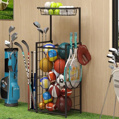Sports Equipment Organizer, Small Garage Ball Storage Rack with Elastic Sports Equipment Organizer, Small Garage Ball Storage Rack with Elastic Straps and 3 Hooks, Garage organization Storage Rack for Balls and sports equipment, Toy Organizer Stand for Room, Gym, Black