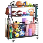 WUC Garage Sports Equipment Organizer, Garage Ball Storage, Ball Storage Rack, Garage Organizer for Garage with Basket and Hooks, Rolling Sports Ball Storage Cart for Toy Sports Gear Storage, Black