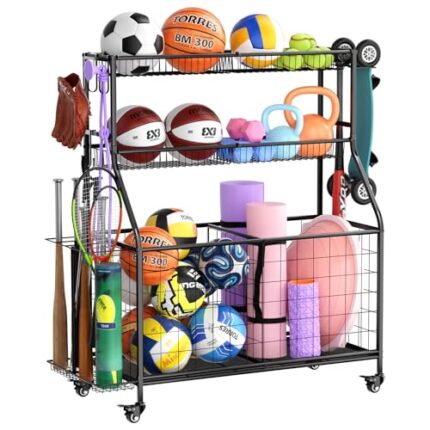 WUC Garage Sports Equipment Organizer, Garage Ball Storage, Ball Storage Rack, Garage Organizer for Garage with Basket and Hooks, Rolling Sports Ball Storage Cart for Toy Sports Gear Storage, Black