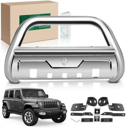 YHTAUTO 3.5" Bull Bar Push Bar w/Skid Plate Light Mount Fit Jeep Wrangler 2010-2017, Wrangler JK 2018(Excl. 18 Wrangle JL Models), S/S 304 Brush Guard for Truck Front Bumper Off Road Accessories