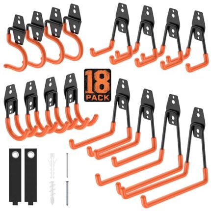 Cpais 18 Pack Utility Steel Wall Mount Heavy Duty Garage Hooks with Anti-Slip Coating,Storage More Yard,Garden and Power Tools and for Hanging Hose,Ladder and Bike