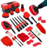 MIANYINGR 35Pcs Car Detailing Kit, Drill Brush Attachments with Detailing Brush Set and Tools Box, Red Auto Cleaning Kit Interior for Wheels, Dashboard, Windows (B：35PCS-R)